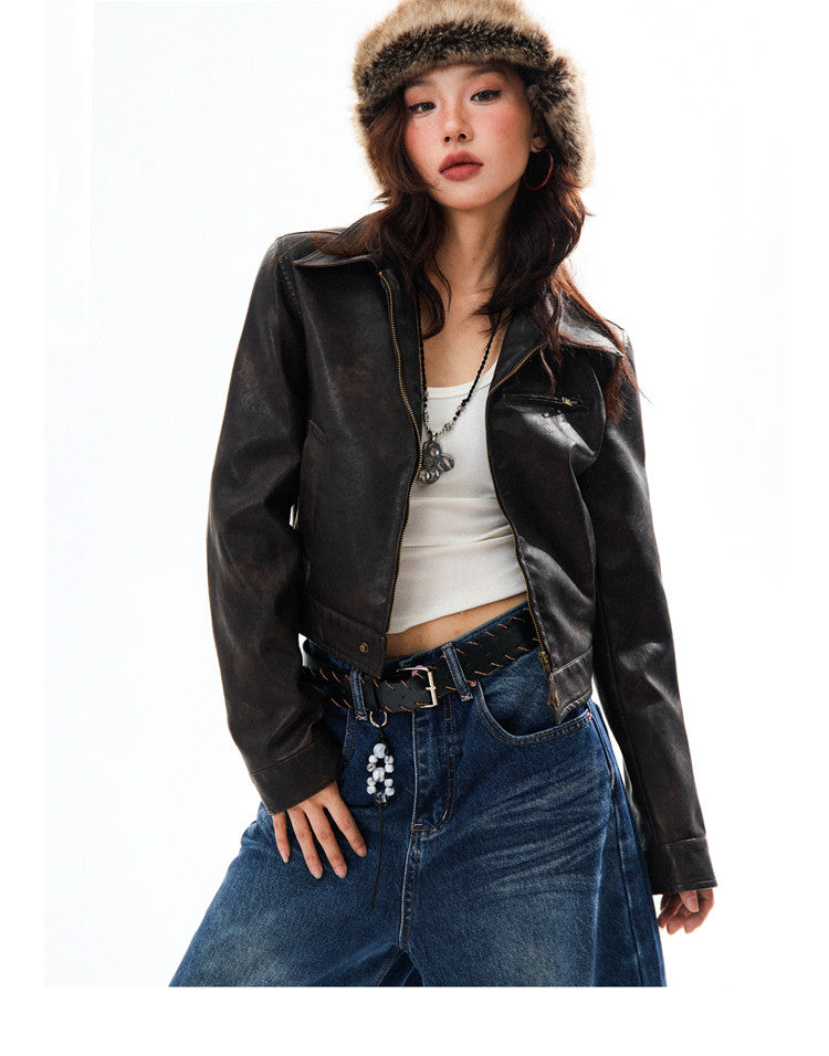 PU Leather Washed Zipper Short Length Jacket NA9387