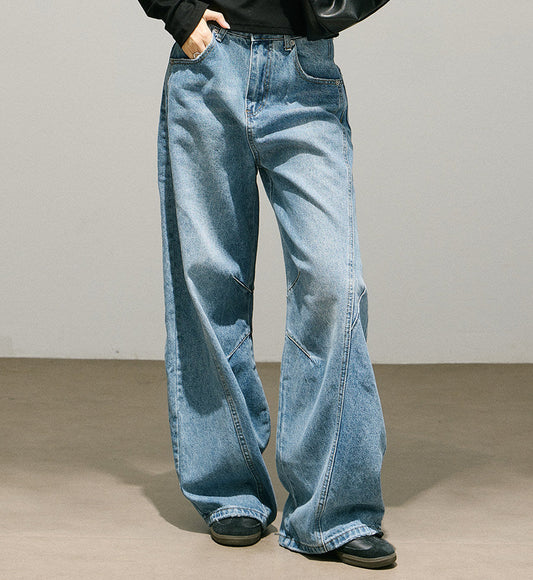 Washed Seam Design Wide Leg Denim Jeans NA8948