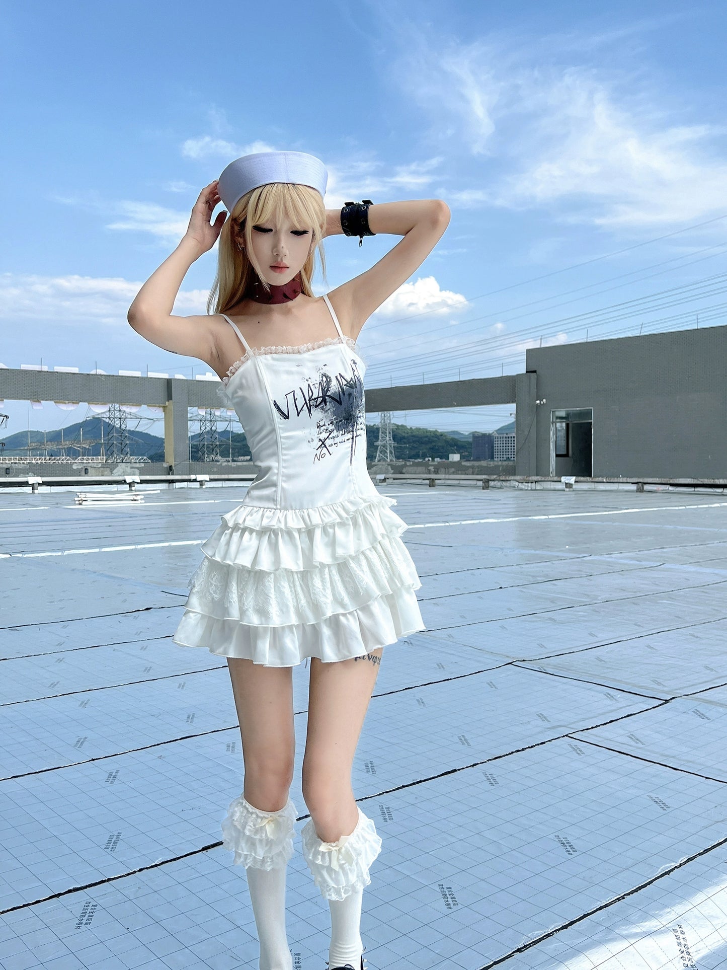 Graffiti Print Satin Lace-Up Ruffled Layered Dress NA6973