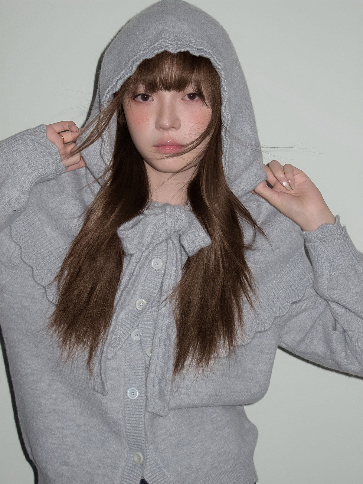 Ruffled Collar and Bow Detail Knit Cardigan NA8824