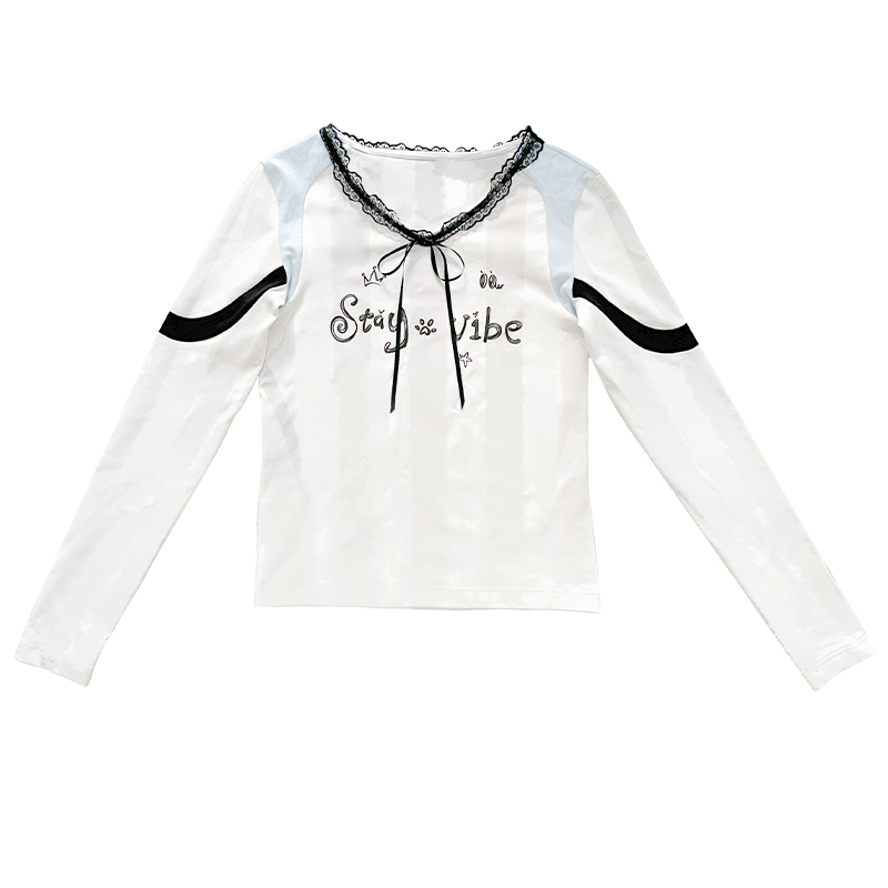 Lace Bow Collar Patchwork Jersey-Style T-Shirt NA8250