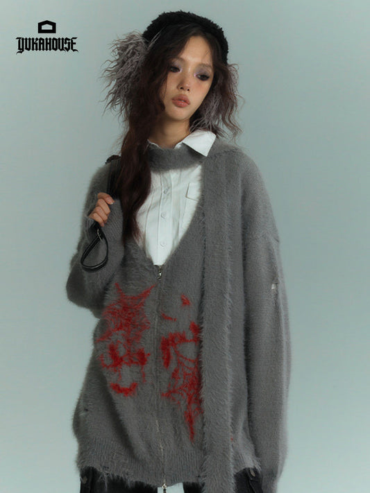 V-Neck Fake Mink Damage Zipper Knit Cardigan NA8876