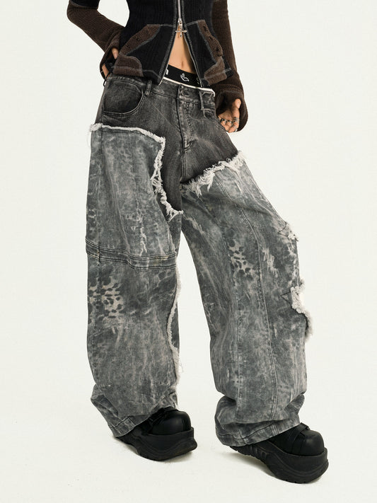 Fake Layered Heavy Craft Raw Hem Wide Leg Denim Jeans NA8570