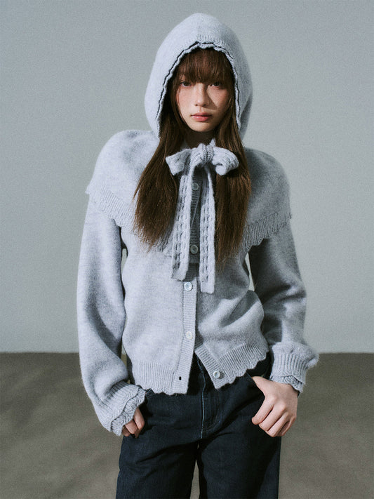 Ruffled Collar and Bow Detail Knit Cardigan NA8824