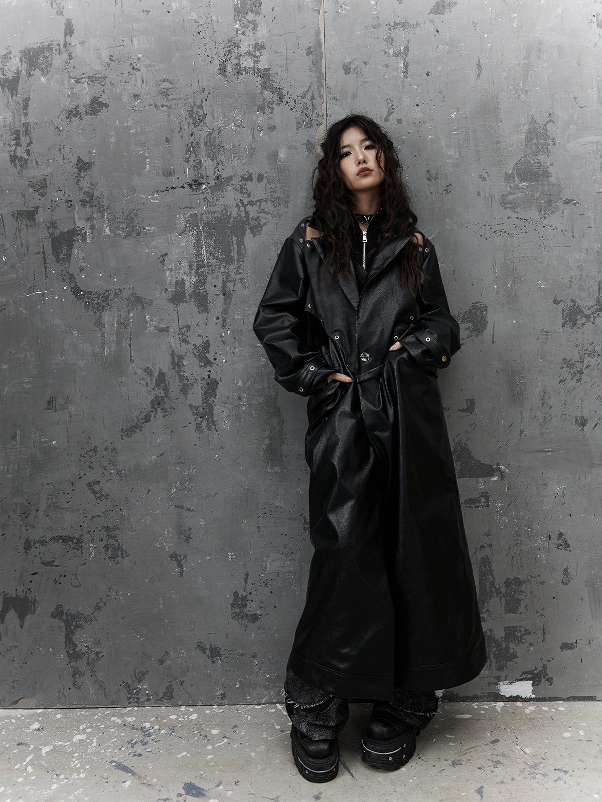 Cutout Patchwork Long PU Leather Trench Coat NA8173