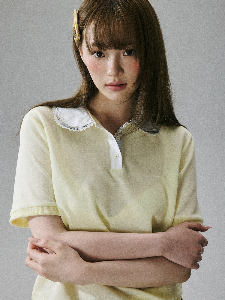 Lace Collar Short Sleeve Polo Shirt NA8845