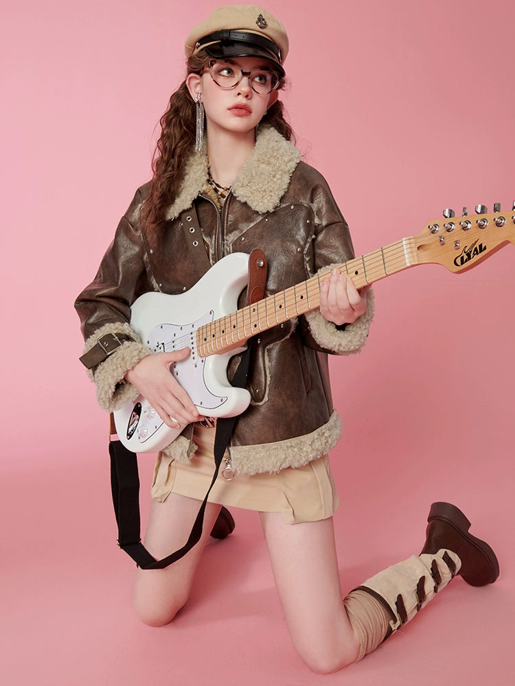 Fake Shearling Thick PU Leather Jacket NA6782