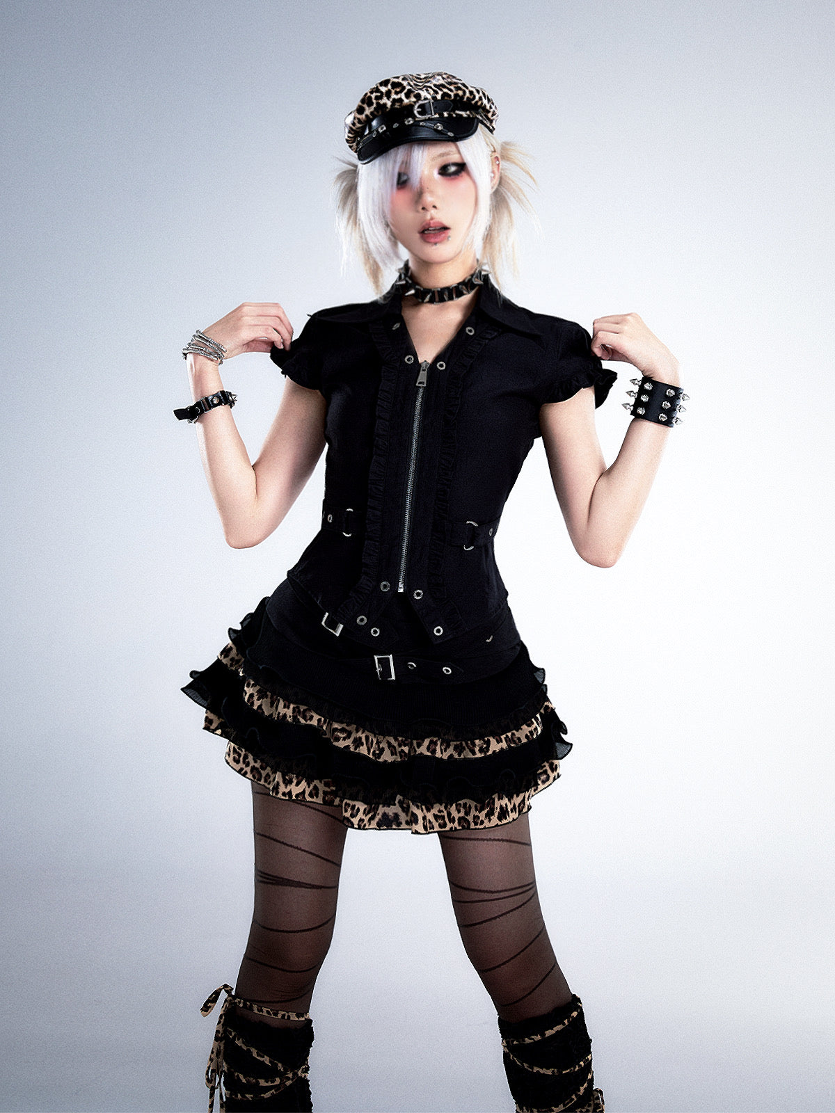 Leopard Patchwork Belted Tiered A-Line Skirt NA8182