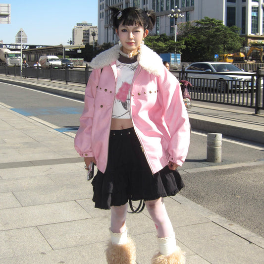 Fake Fur Collar Washed PU Leather Oversize Padded Jacket NA8242