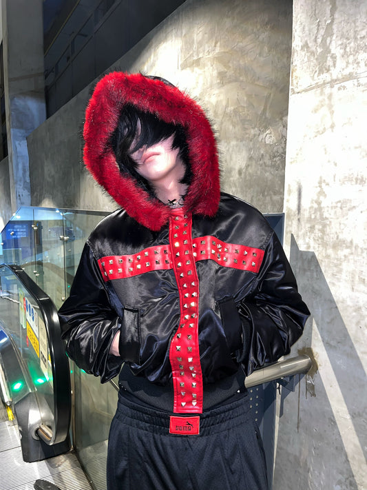 Metal Studs Fake Fur Slim Short Padded Jacket NA8368