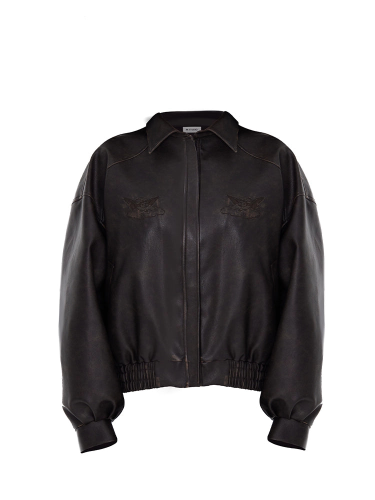 Angel Embroidery Washed PU Leather Jacket NA7292