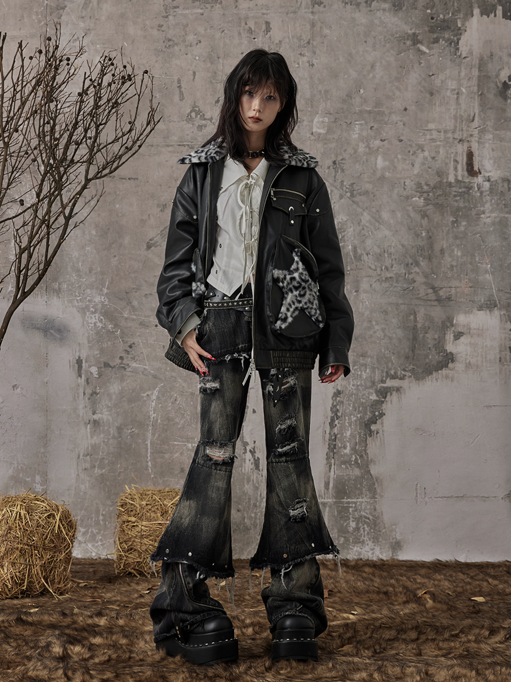 Low-Waist Damage Raw Hem Fake Layered Studs Washed Flare Denim Jeans NA8189