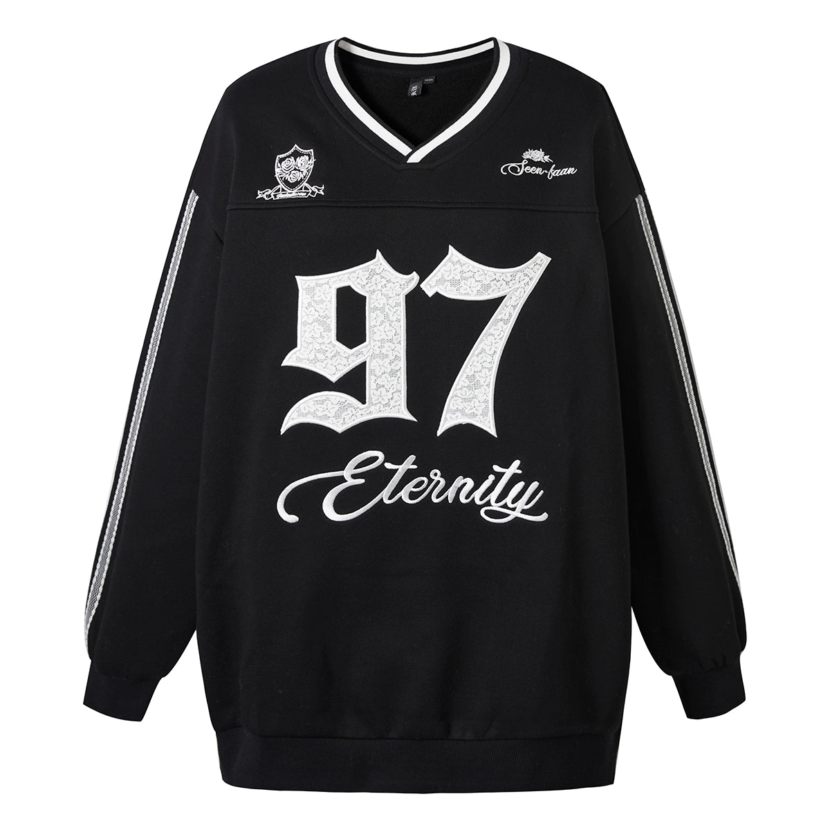 Lace-Trimmed Embroidery Fleece Linning Pullover Sweatshirt NA6947