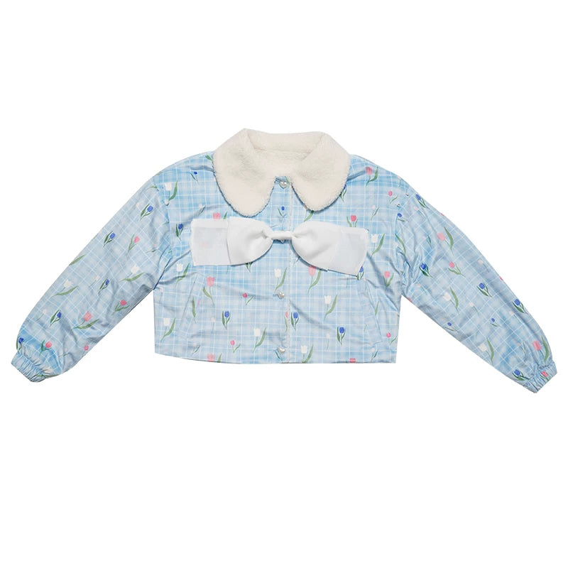 Flower Print Bow Fleece Lining Puffer Jacket NA8271