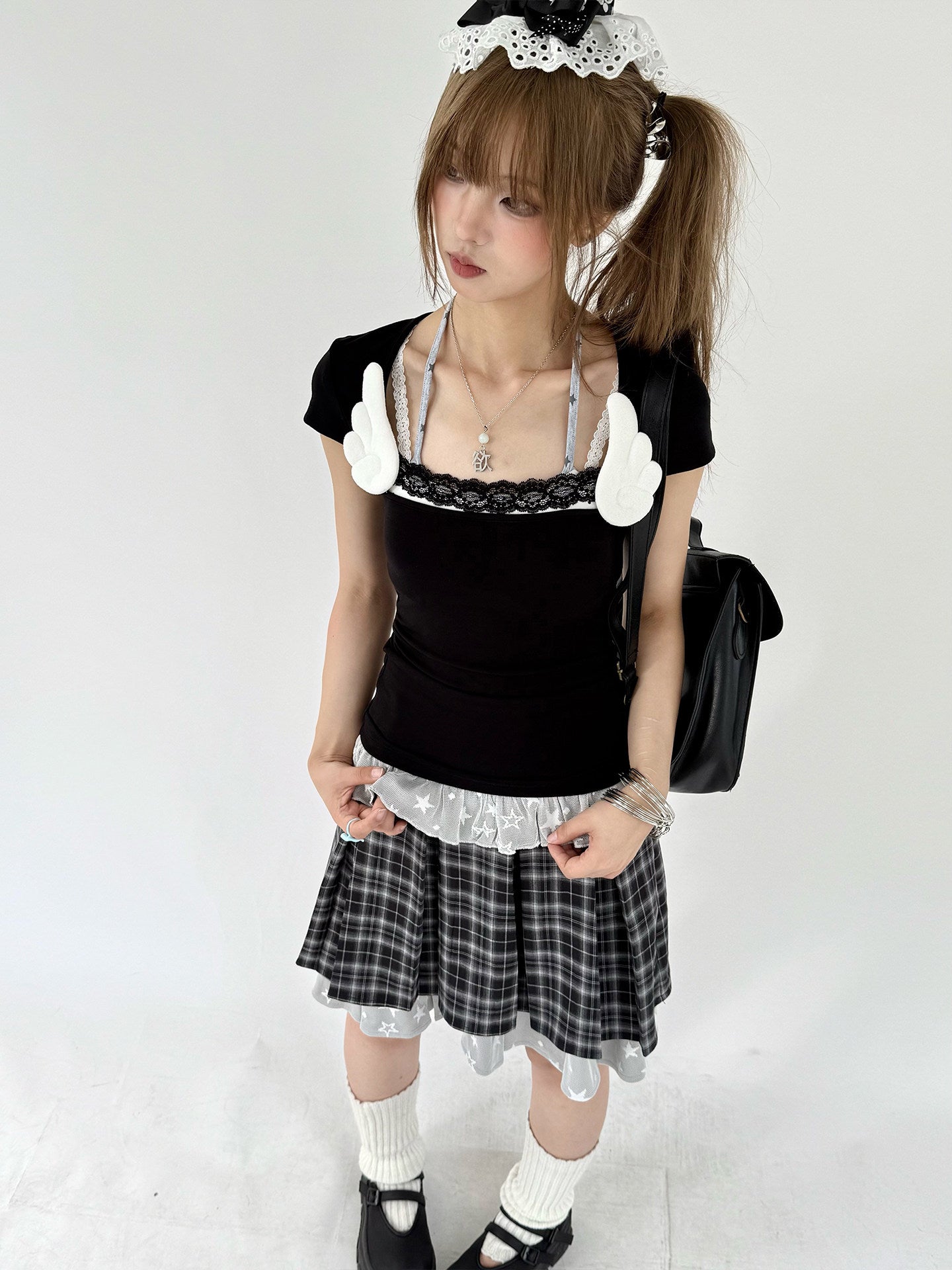 Plaid Lace Layered Star A-Line Short Skirt NA9280