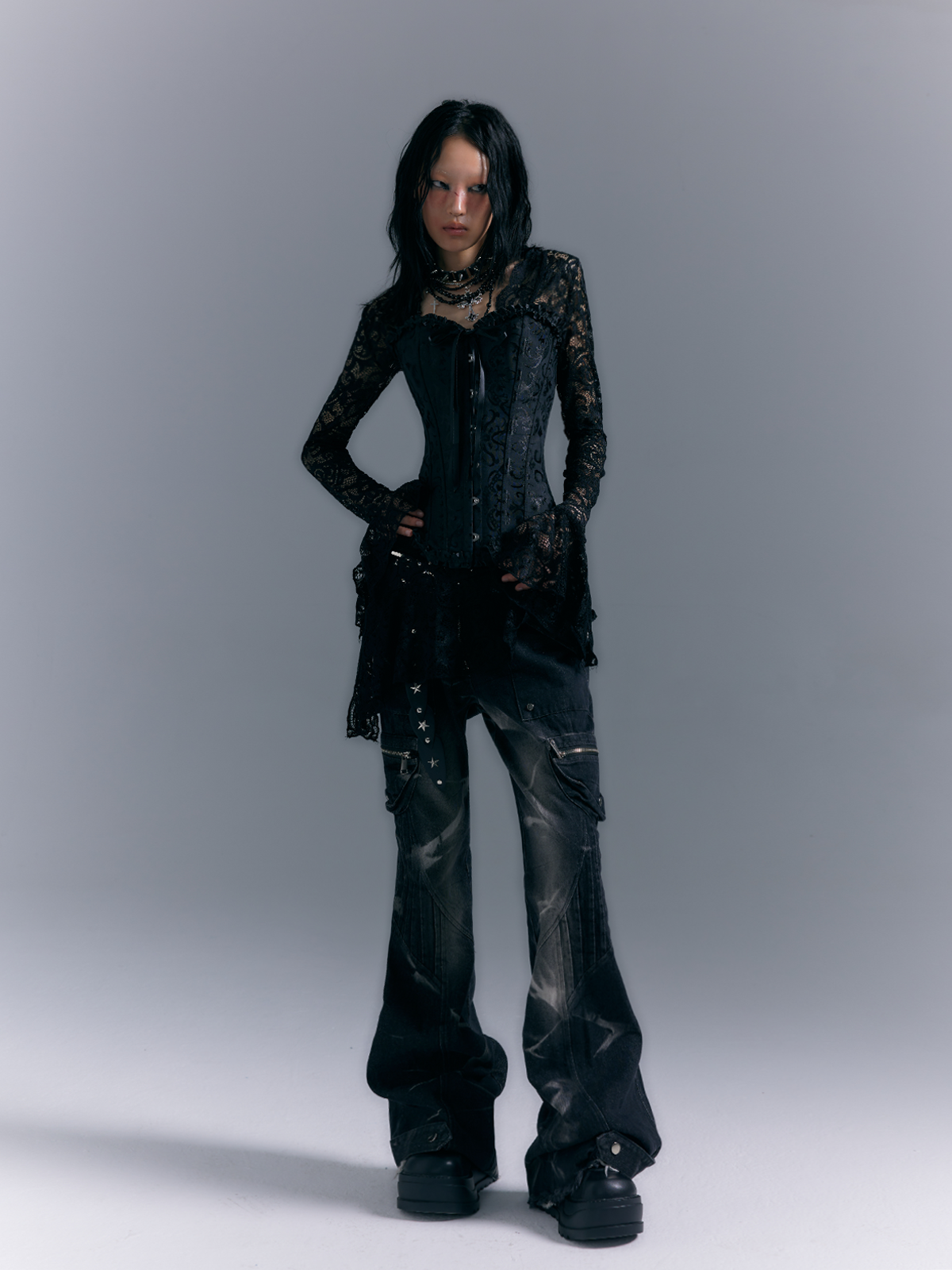 Low-Waist Studs Washed Flare Denim Jeans NA8167