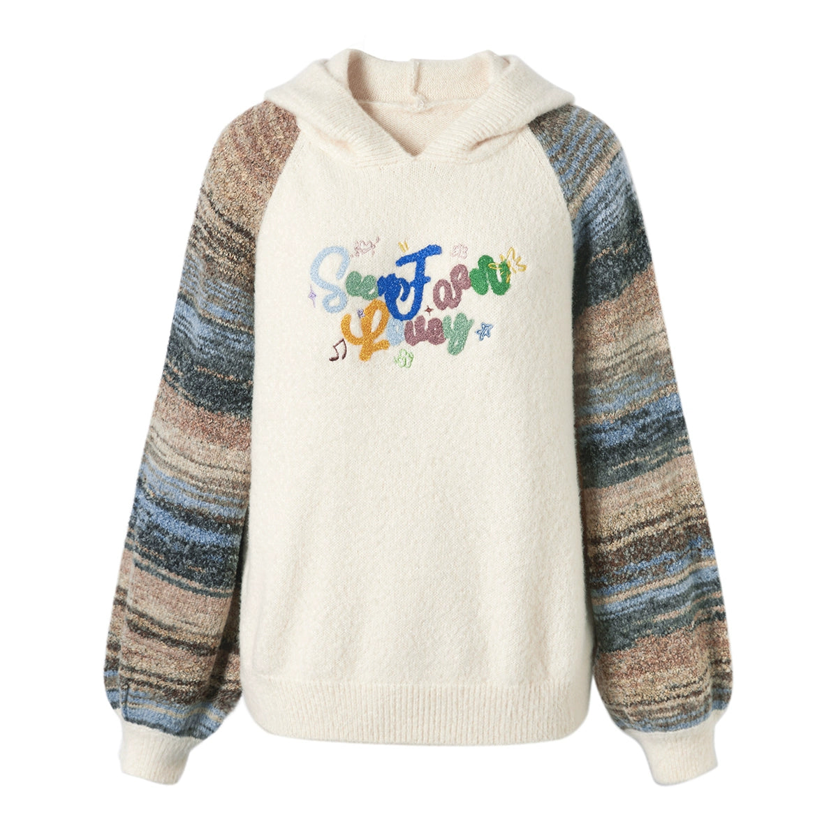 Knit Patchwork Embroidery Oversize Pullover Hoodie NA6897