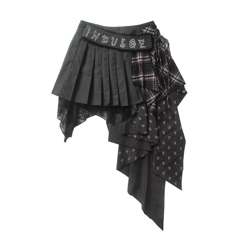 Plaid Patchwork Asymmetric Embroidery Skirt NA8550