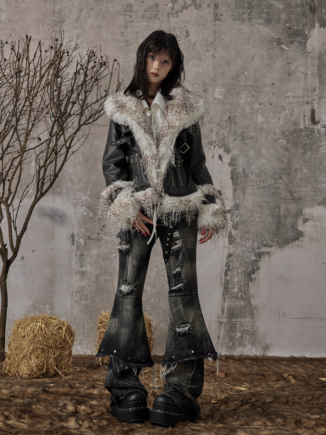 Washed Fake Fur Collar Thickened Short Jacket NA8169