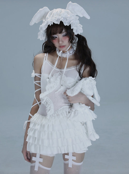 Lace Spaghetti Strap Tiered Ruffle Oversize Short Dress & underwear Set NA8553