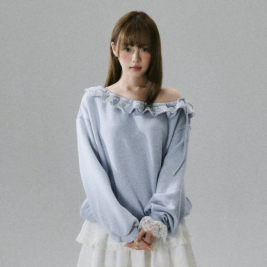 Off-Shoulder Lace Trim Sweatshirt NA8849