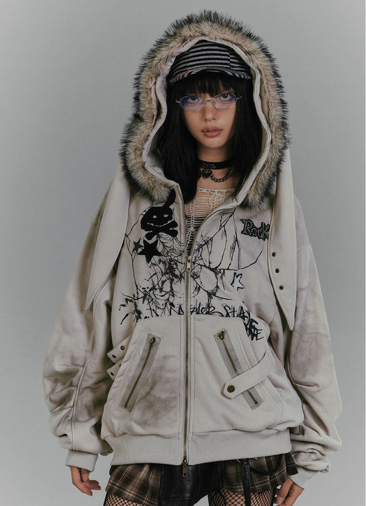 Graphic Fake Fur Hood Bunny Ear Zipper Hoodie Jacket NA8923