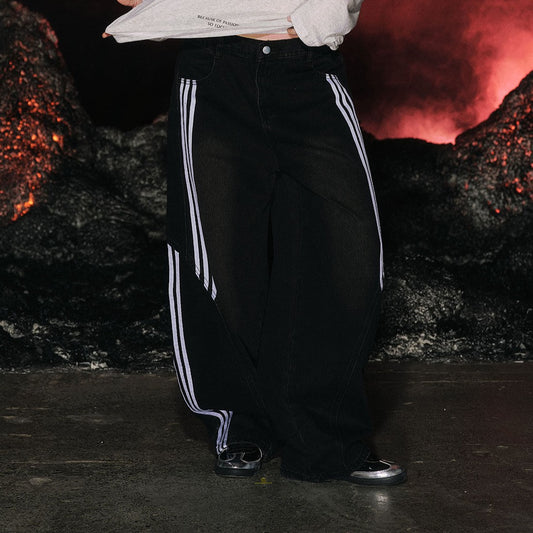 Stripe Line Washed Wide Leg Denim Jeans NA8941