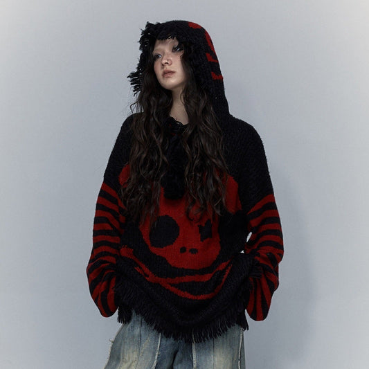 Skull Print Stripe Oversize Knit Hoodie NA8999