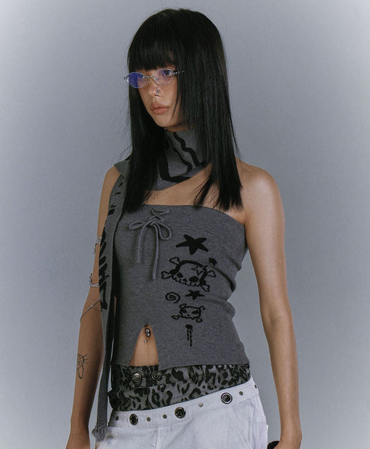 Graphic Print Off-Shoulder Top & Letter Print Scarf NA9219