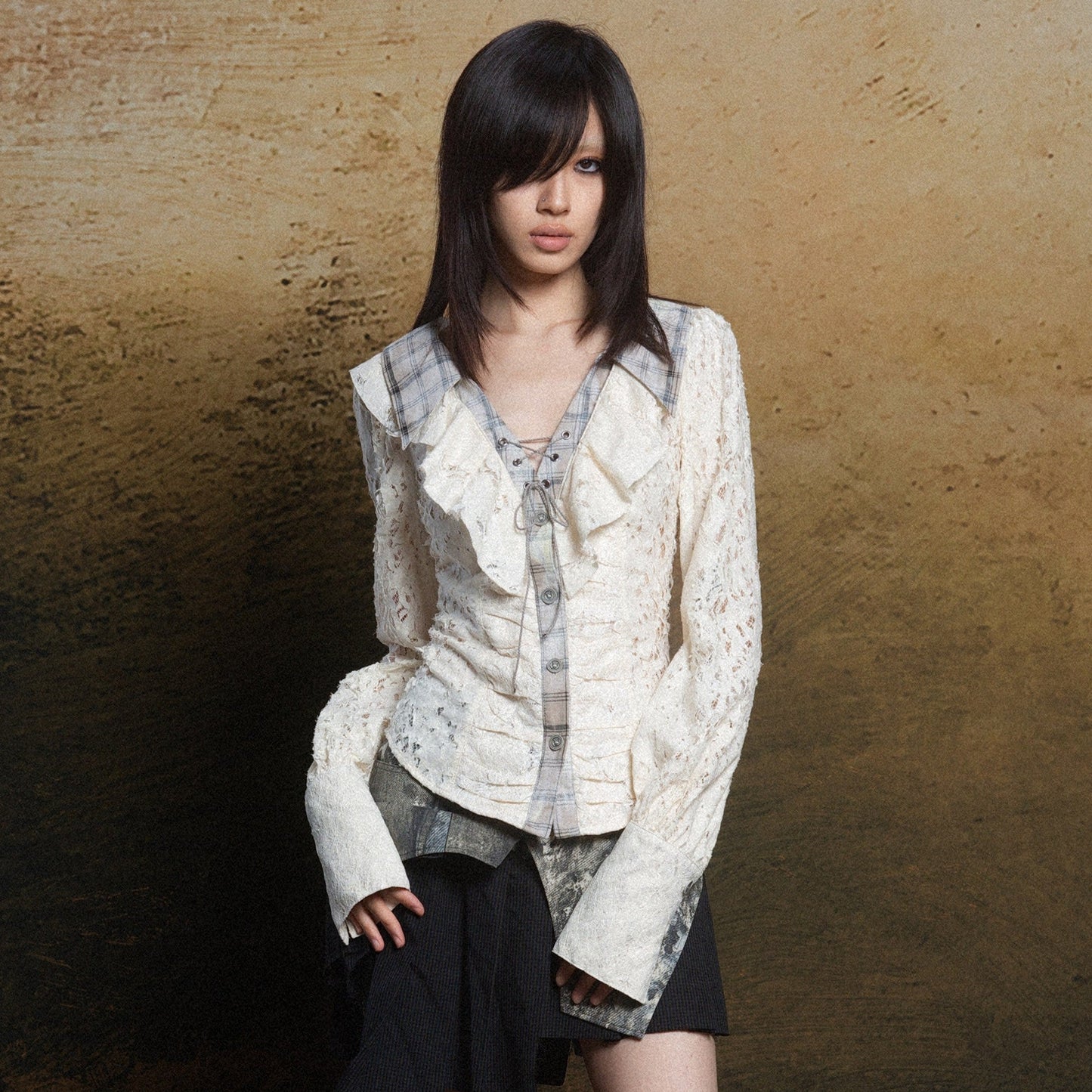 Ruffled Double Layered Hollow Romantic Slim Shirts NA8362