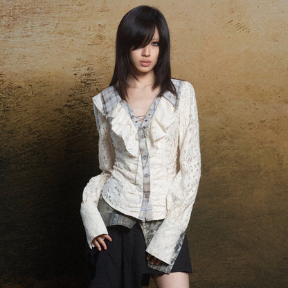 Ruffled Double Layered Hollow Romantic Slim Shirts NA8362