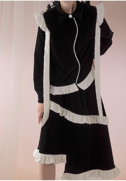 Asymmetrical Frill Tie Velvet Shirt &amp; Asymmetrical Frill Velvet Skirt Setup WNW1237