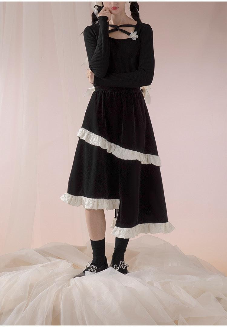 Asymmetrical Frill Tie Velvet Shirt & Asymmetrical Frill Velvet Skirt Setup WNW1237