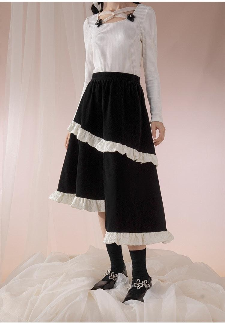 Asymmetrical Frill Tie Velvet Shirt & Asymmetrical Frill Velvet Skirt Setup WNW1237