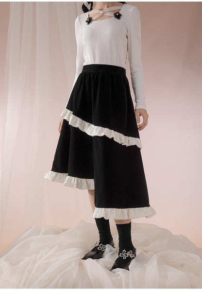 Asymmetrical Frill Tie Velvet Shirt & Asymmetrical Frill Velvet Skirt Setup WNW1237