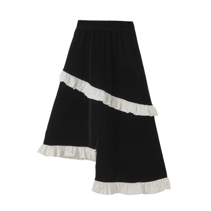 Asymmetrical Frill Tie Velvet Shirt &amp; Asymmetrical Frill Velvet Skirt Setup WNW1237