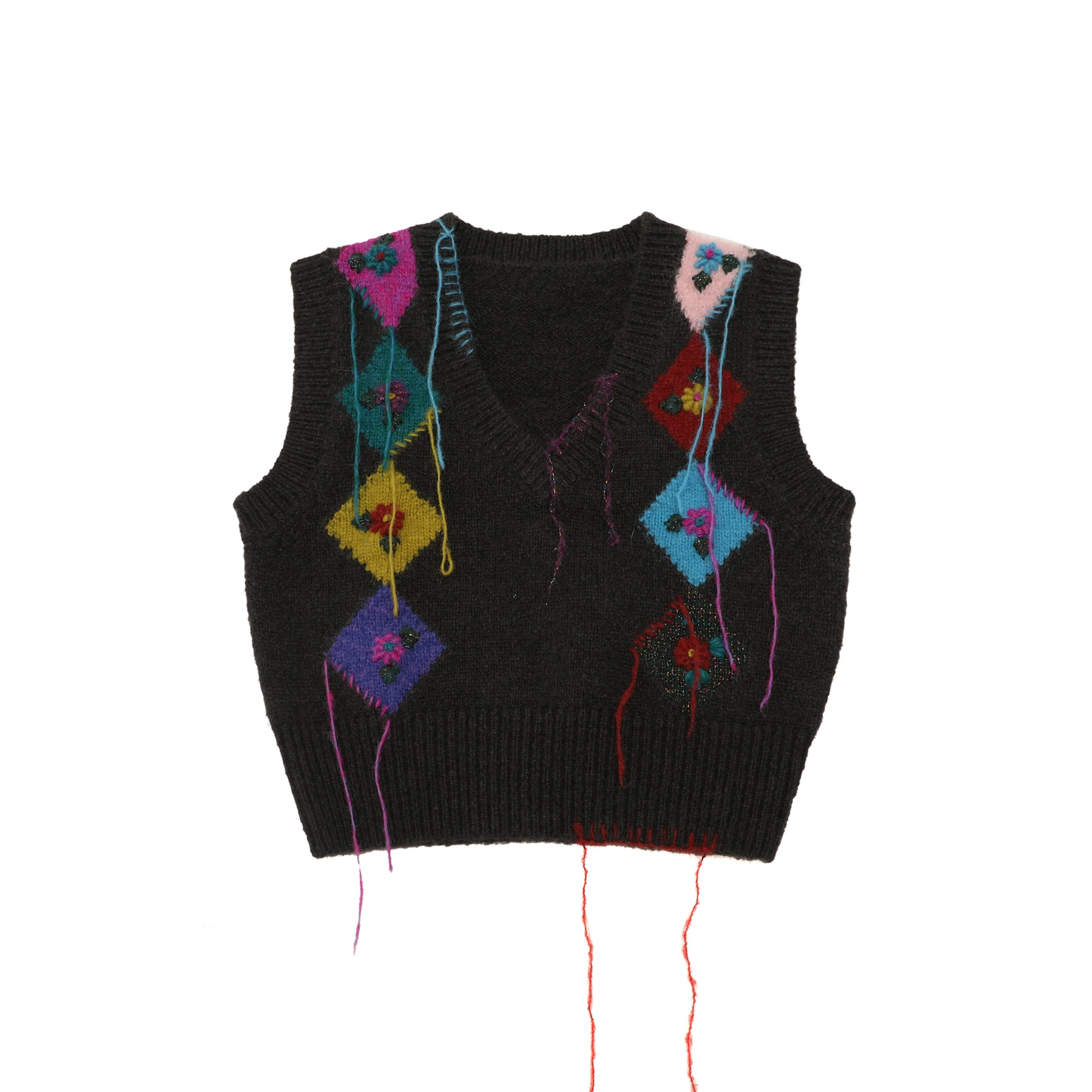 Diamond Patterned Flower Colored Thread Tassel Knitted Vest NA1627