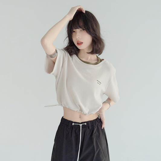 Drawstring  Fake Two-piece Halterneck Short-sleeve T-shirt WNW1417