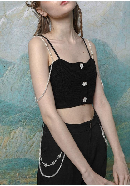 Knit Camisole with Detachable Flower Pearl Shoulder Straps WNW1235