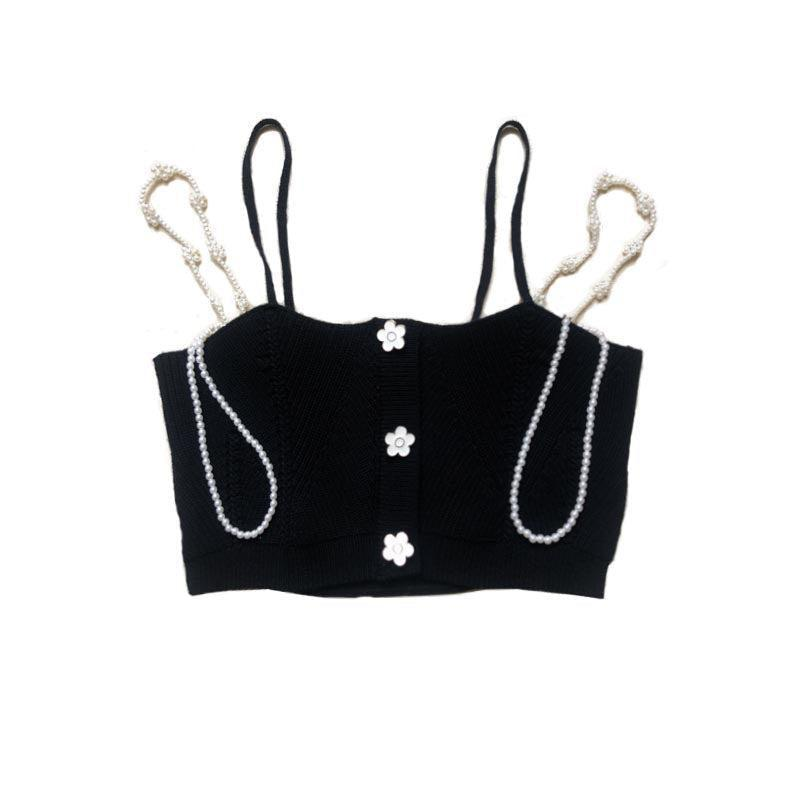 Knit Camisole with Detachable Flower Pearl Shoulder Straps WNW1235
