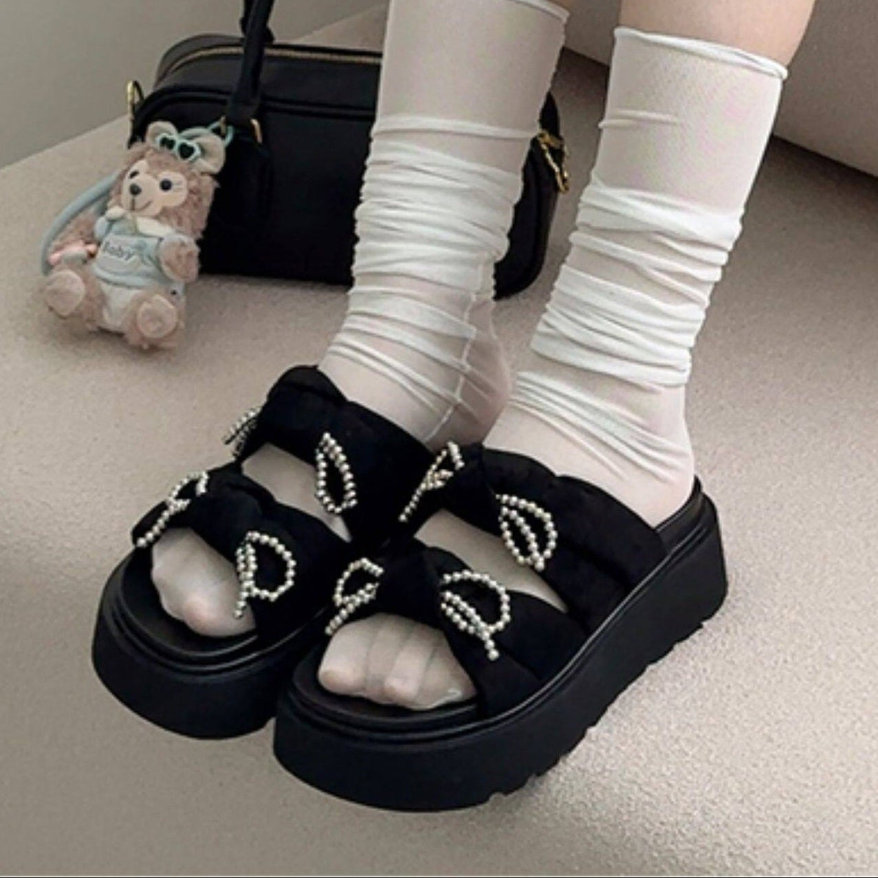 Beads Strap Platform Slide Sandals NA8658