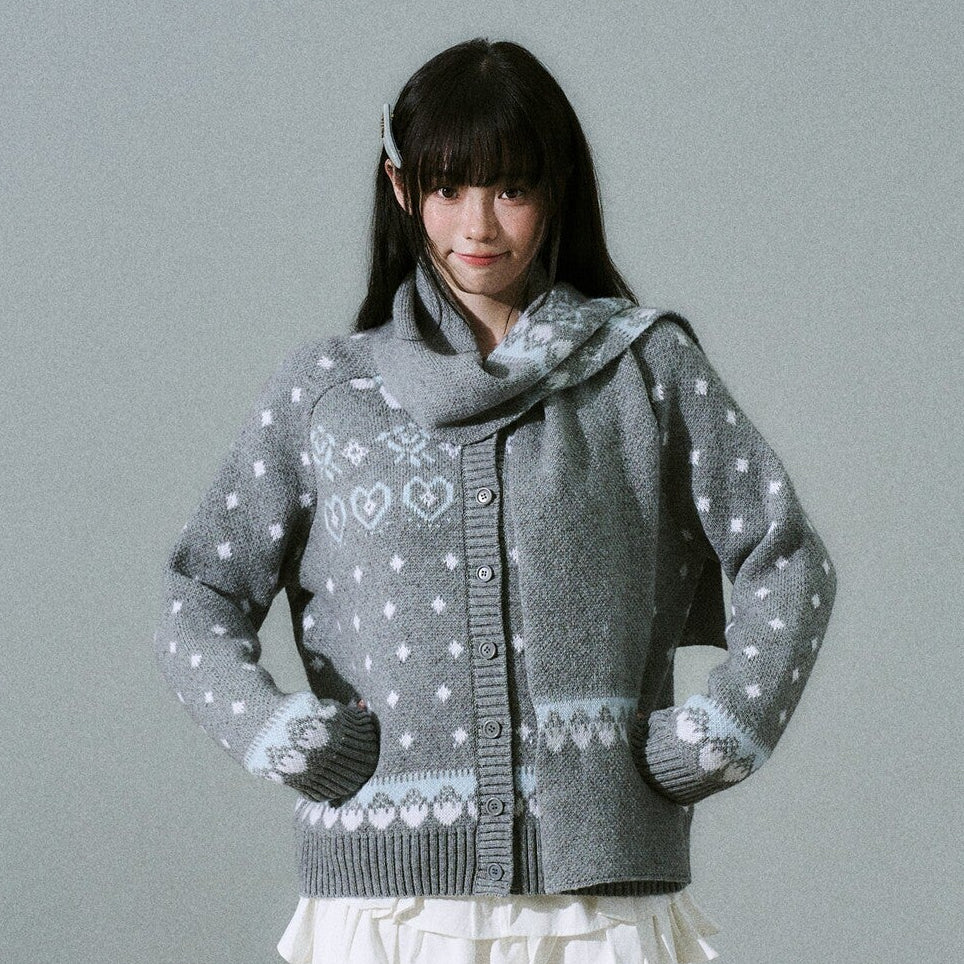 Fair Isle Pattern Wool Blend Scarf Knit Cardigan NA8791