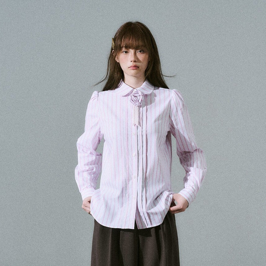 Lace & Flower Detail Stripe Long Sleeve Shirt NA8843