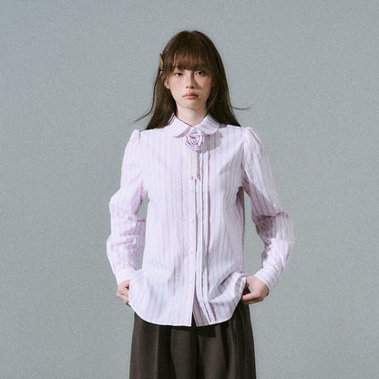 Lace & Flower Detail Stripe Long Sleeve Shirt NA8843
