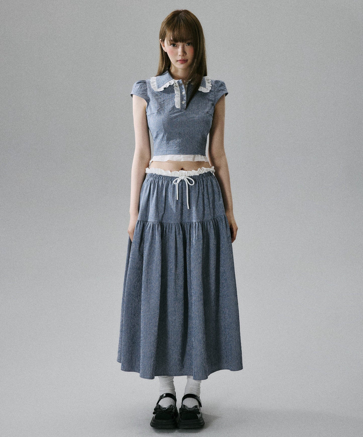 Lace-Trim Short Sleeve Shirt & Drawstring Skirt Setup NA8856