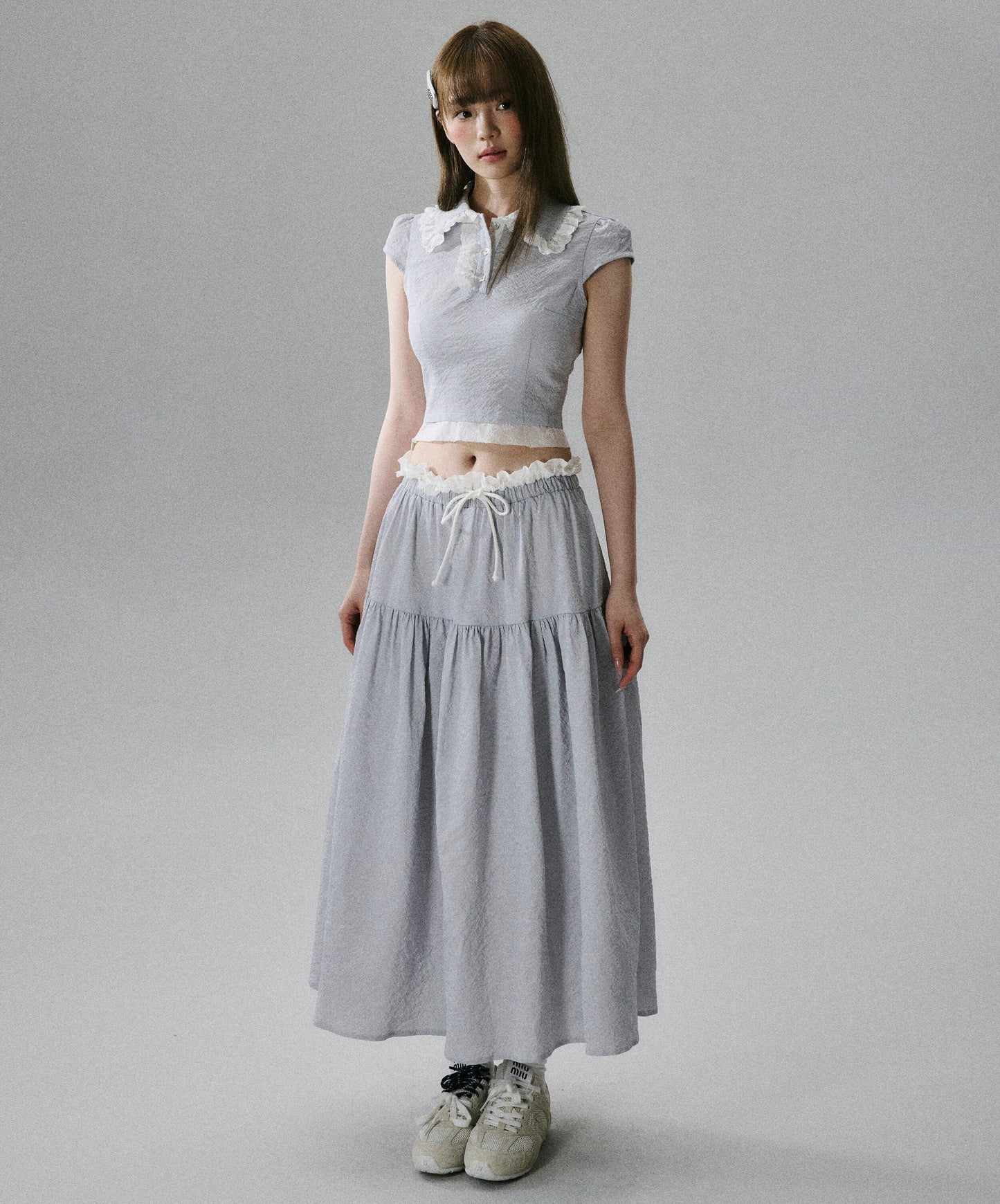 Lace-Trim Short Sleeve Shirt & Drawstring Skirt Setup NA8856