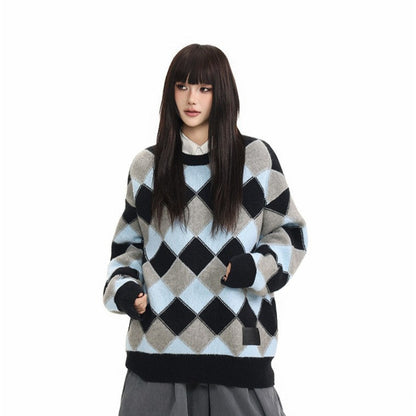 Heavyweight Diamond Pattern Oversize Hooded Knit Cardigan & Knit Sweater NA8871