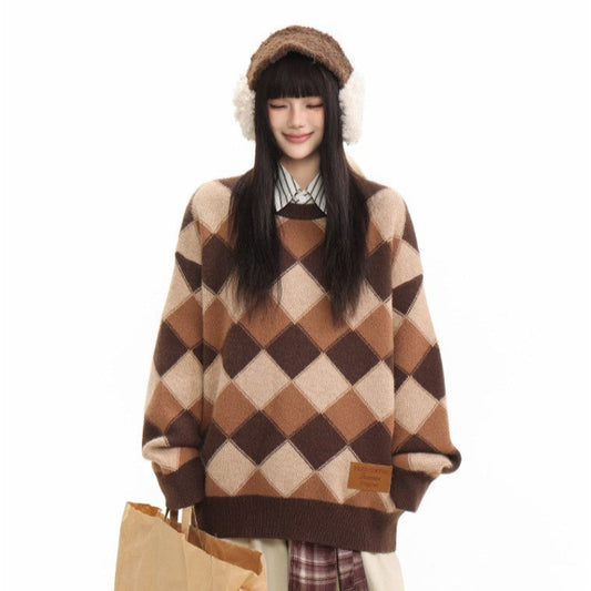 Heavyweight Diamond Pattern Oversize Hooded Knit Cardigan & Knit Sweater NA8871