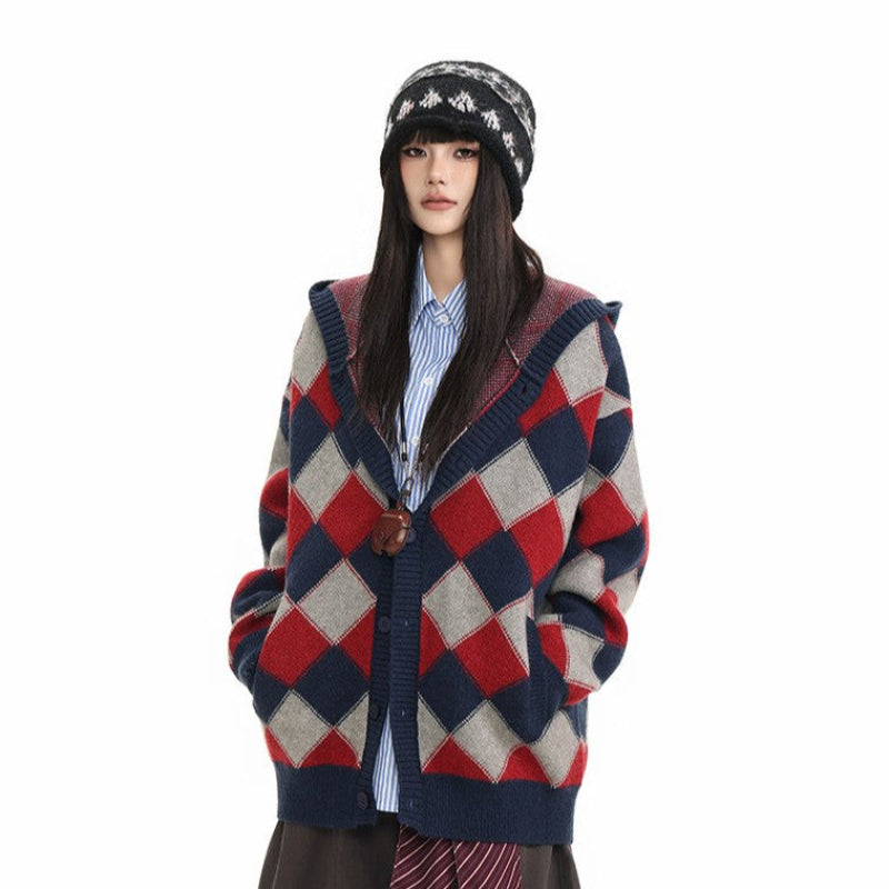 Heavyweight Diamond Pattern Oversize Hooded Knit Cardigan & Knit Sweater NA8871