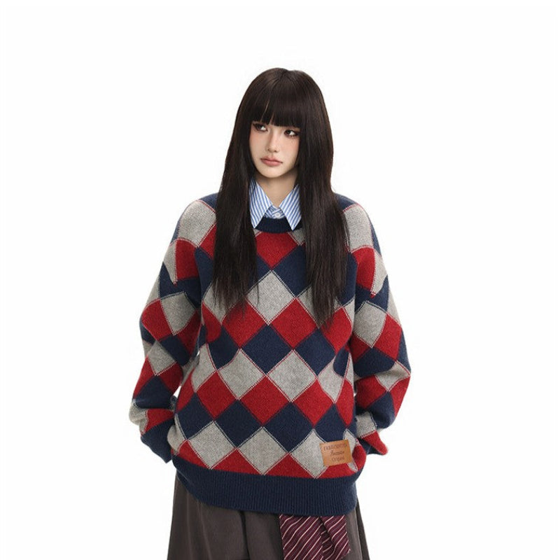 Heavyweight Diamond Pattern Oversize Hooded Knit Cardigan & Knit Sweater NA8871